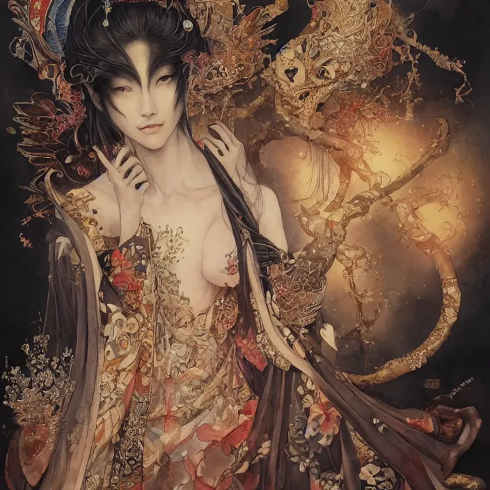 Image similar to asian geisha watercolor painting by yoshitaka amano, daniel merriam, ayami kojima, peter mohrbacher, intricate detail, artstation, artgerm, in the style of darkness - fantasy, rococo, gold leaf art