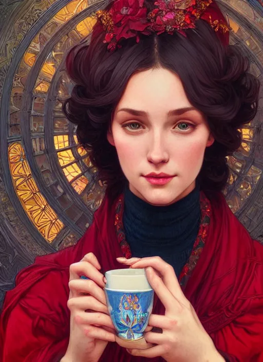 Image similar to perfectly - centered - portrait of a beautiful lady drinking red cup coffee, intricate, highly detailed, digital painting, artstation, concept art, smooth, sharp focus, illustration, unreal engine 5, 8 k, art by artgerm and greg rutkowski and alphonse mucha