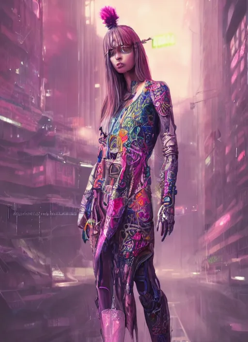 Image similar to detailed realistic full body colorful pastel painting of a cyberpunk female in intricate clothing, beautiful face, elegant pose, fantasy, illustration, insanely detailed and intricate, octane render, 4k