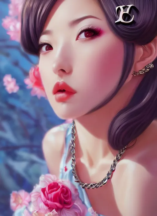 Image similar to a pin up and beautiful fashion dreamlke japan girl with lv jewelry, character art, art by artgerm, wlop, loish, hyperdetailed, 8 k realistic, symmetrical, global illumination, radiant light, frostbite 3 engine, cryengine, dof, trending on artstation, digital art, chanel, dior, detailed background