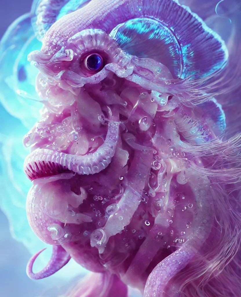 Image similar to goddess princess beautiful face close-up portrait ram skull fluffy toy. jellyfish phoenix head, nautilus, orchid, skull, betta fish, bioluminiscent creatures, intricate artwork by Tooth Wu and wlop and beeple. octane render, trending on artstation, greg rutkowski very coherent symmetrical artwork. cinematic, hyper realism, high detail, octane render, 8k