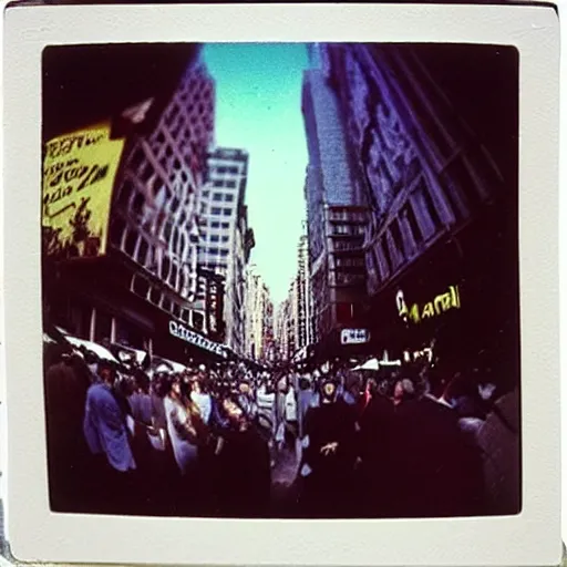 Image similar to low - angle go - pro view, very low - angle, ant's eye view, messy photo of walking in the busy street, polaroid photo, by andy warhol