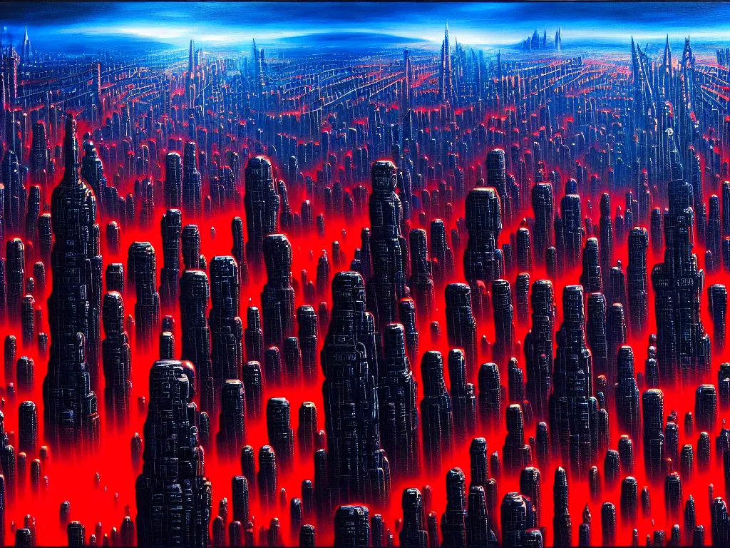 Image similar to an epic cityscape painting of a nightmarish hellscape full of cosmic horrors, wall street, horror, surreal, cyberpunk, dark, vivid, red, blue, oil on canvas, epic, dramatic, cinematic