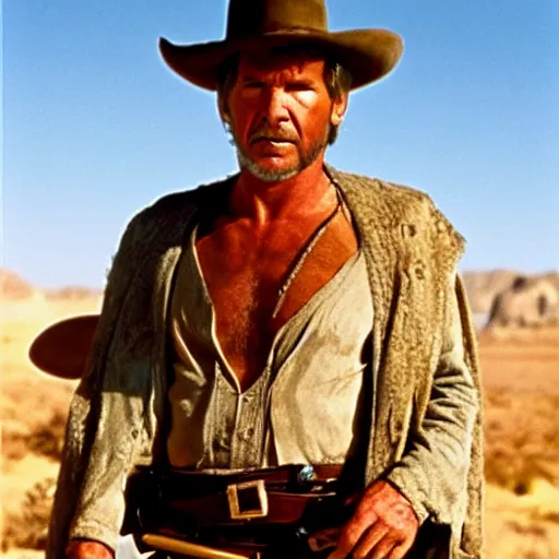 Prompt: harrison ford as the man with no name from the good the bad and the ugly ( higly detailed, still shot, cinematic, photo realistic, great quality )