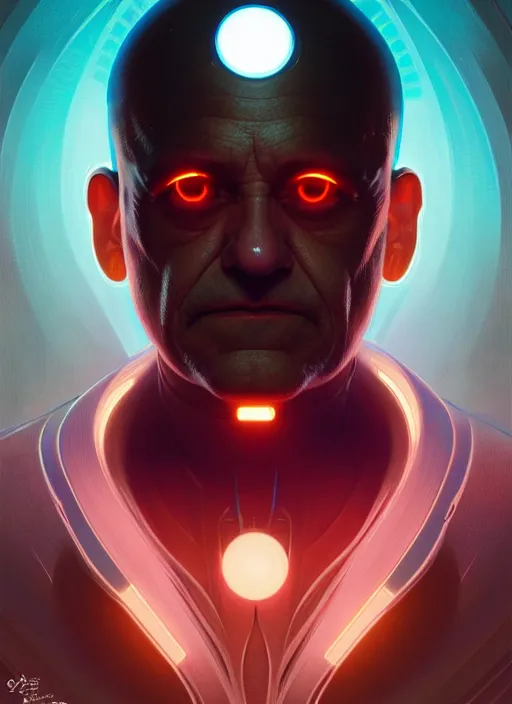 Image similar to symmetry!! portrait of danny devito, sci - fi, tech wear, glowing lights!! intricate, elegant, highly detailed, digital painting, artstation, concept art, smooth, sharp focus, illustration, art by artgerm and greg rutkowski and alphonse mucha