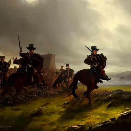 Image similar to king hugh o'donnell of ireland leading irish soldiers against the english in the 1 6 0 0 s, 4 k, concept art, by wlop, ilya kuvshinov, artgerm, krenz cushart, greg rutkowski, pixiv. cinematic dramatic atmosphere, sharp focus, volumetric lighting, cinematic lighting, studio quality