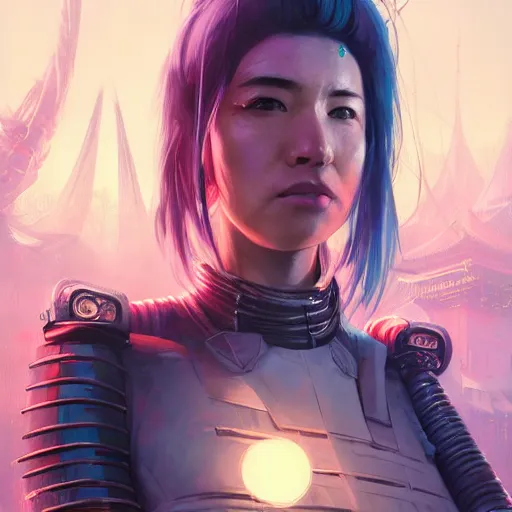 Image similar to highly detailed closeup portrait of a female cyberpunk samurai, in disney, stephen bliss, unreal engine, art by greg rutkowski, loish, rhads, ferdinand knab, makoto shinkai and lois van baarle, ilya kuvshinov, rossdraws, tom bagshaw, global illumination, radiant light, detailed and intricate environment