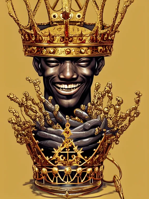 Prompt: digital art, centered full body of an smiling king, golden crown, ,intricate, veins, by James Jean and by artgerm , ultradetailed, charachter design, concept art, trending on artstation,