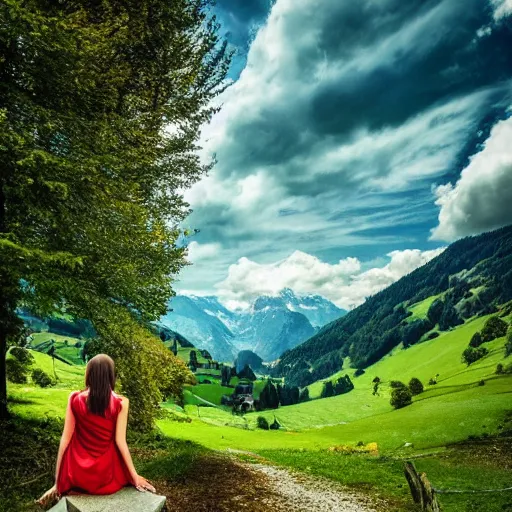 Image similar to a beautiful photograph of a girl with switzerland landscape in the background with trees, hdr, 8 k, high quality, sharp focus, artstation, highly detailed, award - winning, dramatic lighting, beautiful clouds, and nature