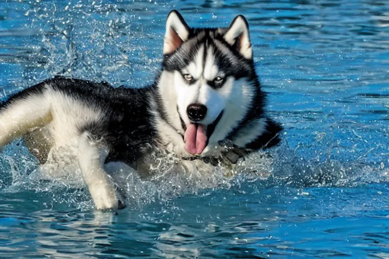 Prompt: husky swimming in the water