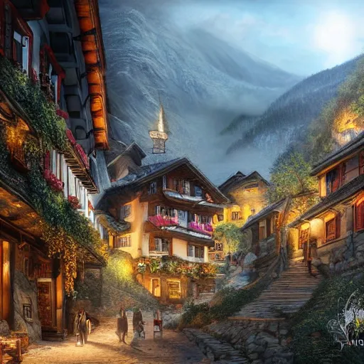 Image similar to Switzerland, high resolution fantasy concept art, realistic, intricate details, soft lighting