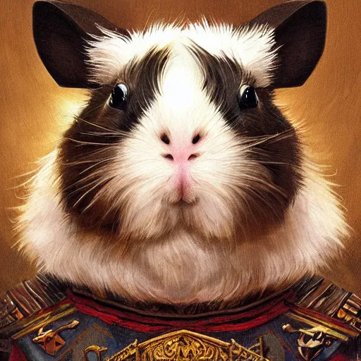 Image similar to A heraldic prince Guinea Pig with big cute eyes sitting up for a portrait photo, D&D, fantasy, intricate, cinematic lighting, highly detailed, digital painting, artstation, concept art, smooth, sharp focus, illustration, art by Akihiko Yoshida, Greg Rutkowski and Alphonse Mucha