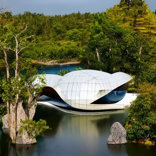 Image similar to a futuristic modern house, on a floating rock island, alien planet covered in water, multiple waterfalls, multiple moons glowing, stars, frank gehry