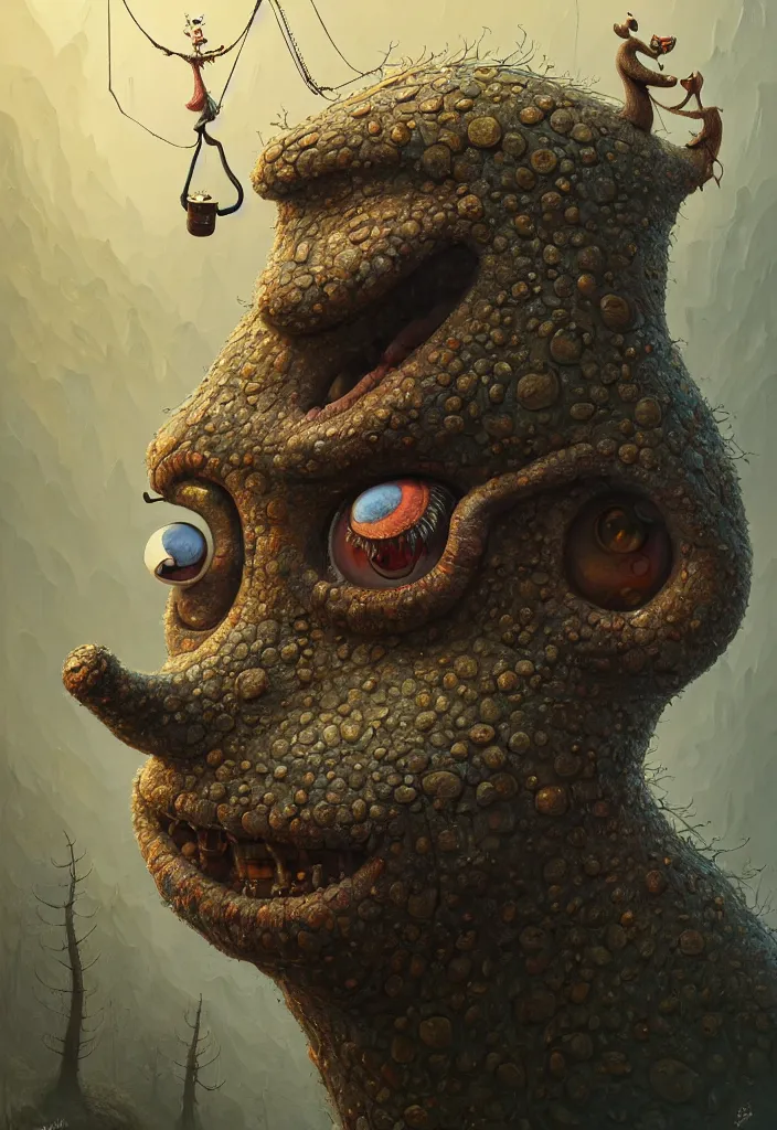 Image similar to anthropomorphic highly detailed cute funny neon giant gediminas pranckevicius portrait of a monster in the sinister valley of despair, one mouth, one nose, two eyes, oil painting by tomasz jedruszek, cinematic lighting, pen and ink, anthropomorphic intricate, elegant, highly detailed, digital painting, artstation,