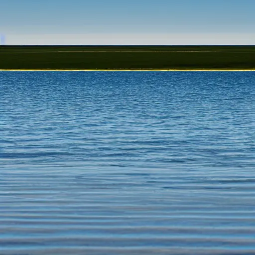 Prompt: a still plain of endless water across the horizon, no waves, no ripples, with a blue sky above it and reflected within it