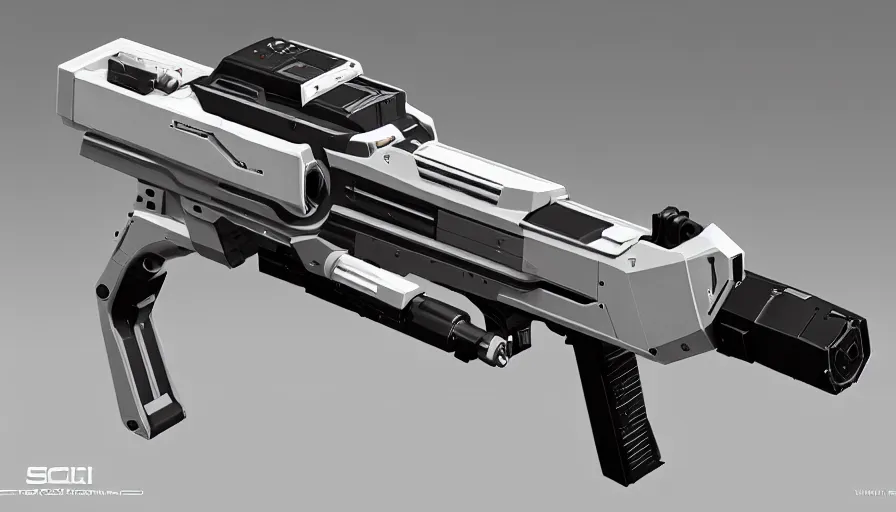 Image similar to extremely detailed realistic side view of a sci fi laser gatling gun, detailed trigger, chemically propelled, pattery powered, smooth streamline, battery and wires, railgun, tribarrel, gauss, elegant sleek smooth body, white paint, smooth utopian design, ultra high quality, minimalist, octane, cod, destiny, warframe, terminator