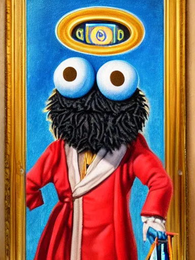 Image similar to A Masonic Portrait of Cookie Monster as Elevated Grand Master of the 33rd Degree, oil on canvas