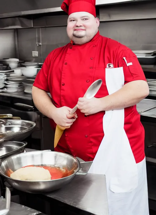 Prompt: portrait photo still of real life school chef jerome mcelroy fat with red shirt and apron and chef hat in school cafeteria holding a ladel, 8 k, 8 5 mm, f. 1 4