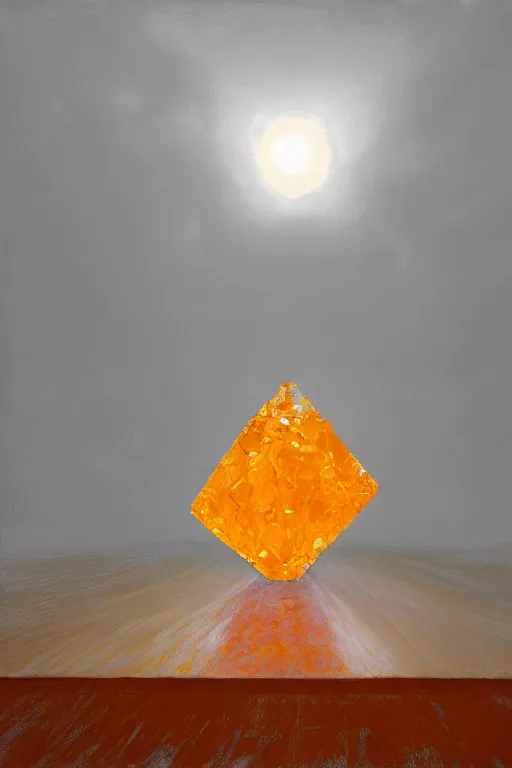 Image similar to a giant orange and yellow crystal on a white table near a window at sunset, hyperrealistic, highly detailed, high qualit, 8K, godrays, warm lighting, path traced, high coherence, calm, macro photo, symmetrical, photorealistic, low contrast, serene landscape, beautiful, geometric