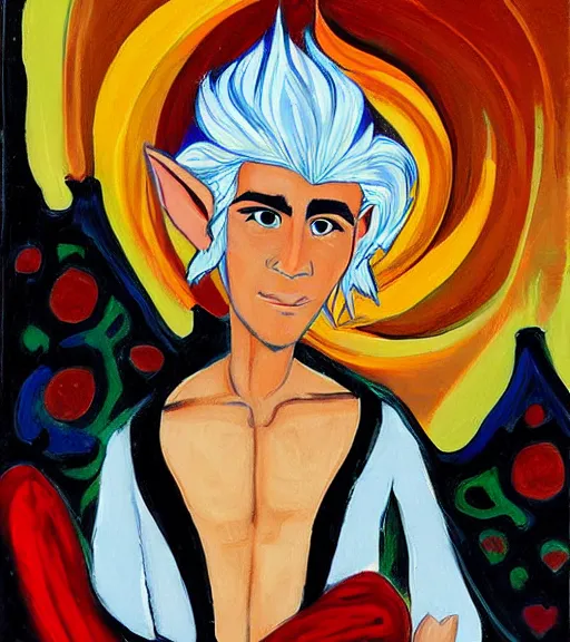 Image similar to a portrait of a tanned elf with white hair dressed like aladdin, by kwanchai moriya