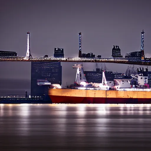 Prompt: icebreaker ship docked in new york harbor at night, bokeh, long exposure