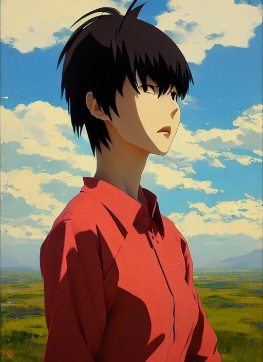 Image similar to portrait of Asuka Soryu from Evangelion, countryside, calm, fantasy character portrait, dynamic pose, above view, sunny day, thunder clouds in the sky, artwork by Jeremy Lipkin and Giuseppe Dangelico Pino and Michael Garmash and Rob Rey, very coherent asymmetrical artwork, sharp edges, perfect face, simple form, 100mm