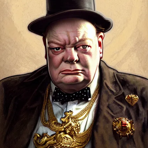 Prompt: full portrait of warhammer 4 0 k winston churchill, fantasy, d & d, intricate, detailed, by by alphonse mucha, adolfo hohenstein, alice russell glenny, stanley artgerm lau, greg rutkowski, detailed, trending on artstation, trending on artstation, smooth