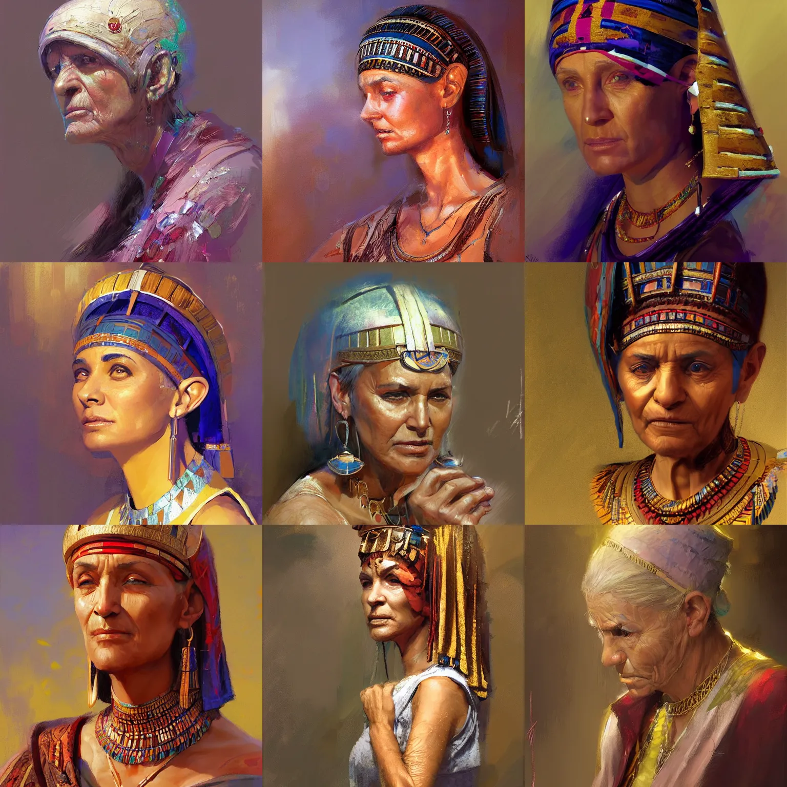Prompt: a head shoulder portrait of an elderly, tired, beautiful Cleopatra, Arabian, Nubian, painting by ((Craig Mullins)), (((by Moebius))), by Mandy Jurgens,