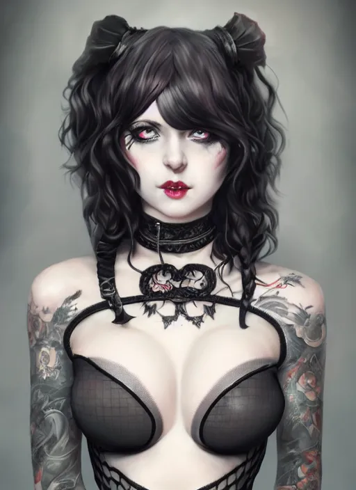 Image similar to two beautiful pale skin gray eyed cosplay girls, gray eyes, black hair, fully tattooed bodies, fishnet corset with choker, whip on hand, symmetrical, beautiful detailed face, masterpiece, artstation contest winner, paint by sabbas apterus girl