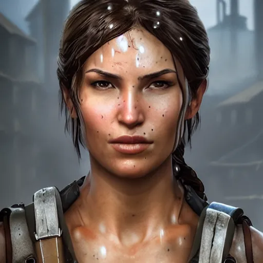 Prompt: Lara croft as blacksmith, wet face , dirty face ,heavy rain ,dramatic, intricate, highly detailed, concept art, smooth, sharp focus, illustration, Unreal Engine 5, 8K