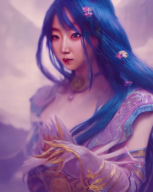 Prompt: an epic fantasy comic book style full body portrait painting of a beautiful Chinese woman, long blue hair, cute, character design by YE LIU, unreal 5, DAZ, hyperrealistic, octane render, cosplay, RPG portrait, dynamic lighting, intricate detail, summer vibrancy, cinematic