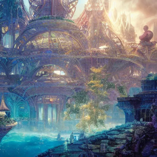 Prompt: beautiful render of underwater utopian city, by ralph horsley and viktoria gavrilenko and richard dadd and james c. christensen, grand futuristic architecture, octane render, unreal engine, cgsociety 4 k