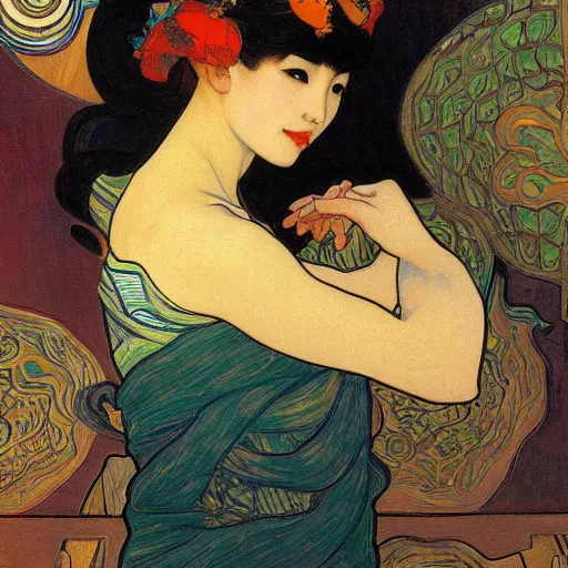 Prompt: painting of hoyeon jung at the cucumber soup party, elegant, clear, painting, stylized, art, art by alphonse mucha, vincent van gogh, egon schiele,