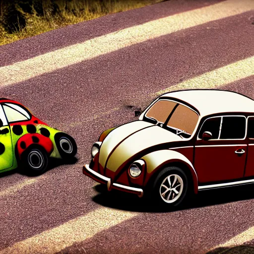 Prompt: promotional movie close - up of a ( volkswagen beatle ) car and insect lady bug hybrid. it is racing down a dusty back - road. cinematic, 4 k, imax, 7 0 mm