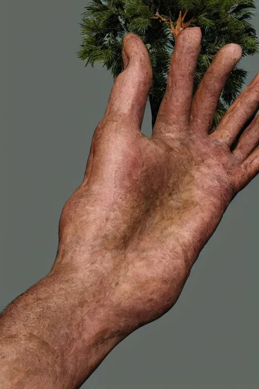 Image similar to a human's palm hand with a tree growing on top of it, photorealistic, 4 k, artstation