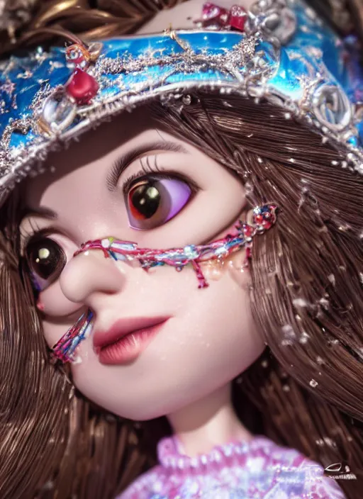 Image similar to closeup profile portrait of tin toy fairytale princess ice snow bikini girl, depth of field, zeiss lens, detailed, symmetrical, centered, fashion photoshoot, by nicoletta ceccoli, mark ryden, lostfish, breathtaking, 8 k resolution, extremely detailed, beautiful, establishing shot, artistic, hyperrealistic, octane render