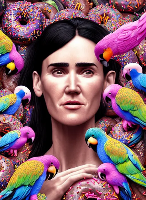 Image similar to hyper detailed 3d render like a Oil painting - Jennifer Connelly with black hair in thick mascara seen seriously making chewing gum bubbles and Eating of the Strangling network of colorful donuts and exotic colorful flowers and Her delicate Hands hold of pink parrots bring iridescent luminescent flowers whose blossoms black the foolish stars by Jacek Yerka, Mariusz Lewandowski, Houdini algorithmic generative render, Abstract brush strokes, Masterpiece, Edward Hopper and James Gilleard, Zdzislaw Beksinski, Mark Ryden, Wolfgang Lettl, Dan Hiller, hints of Yayoi Kasuma, octane render, 8k