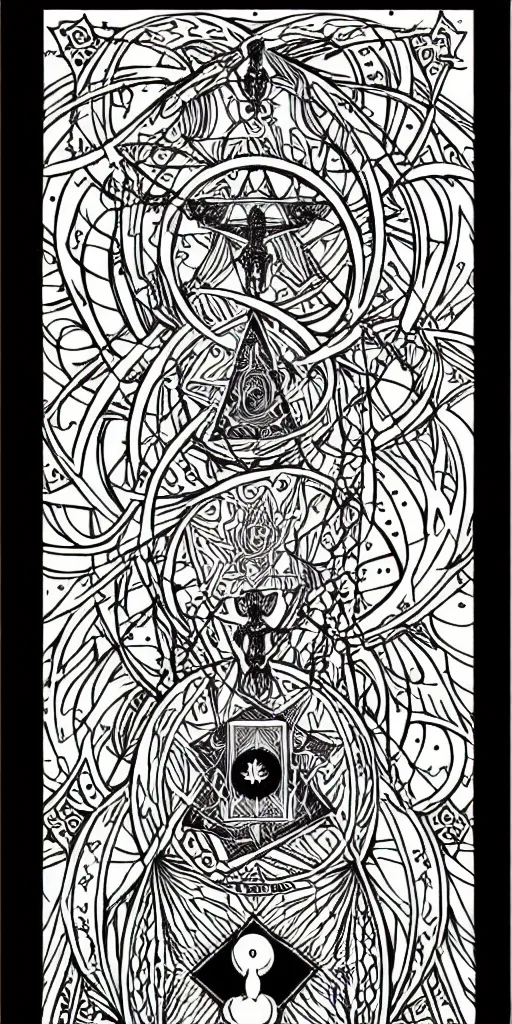 Prompt: a beautiful black and white fractal tarot card featuring bold occult imagery with clean lines. 👹. detailed adult coloring book