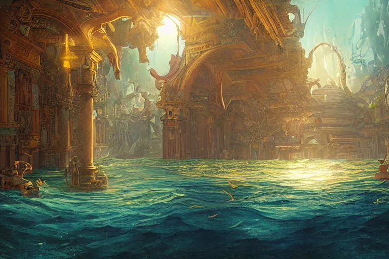 Image similar to a beautiful painting of the lost city of Atlantic city under water, ray of sunlight, mermaids in distance, Greg Rutkowski, Moebius, Mohrbacher, Mucha, blue and gold color scheme