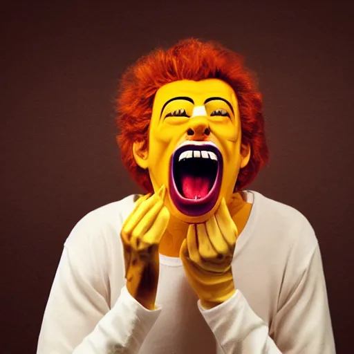 Prompt: photo of generic human face becoming of ronald mcdonalds screaming in pain