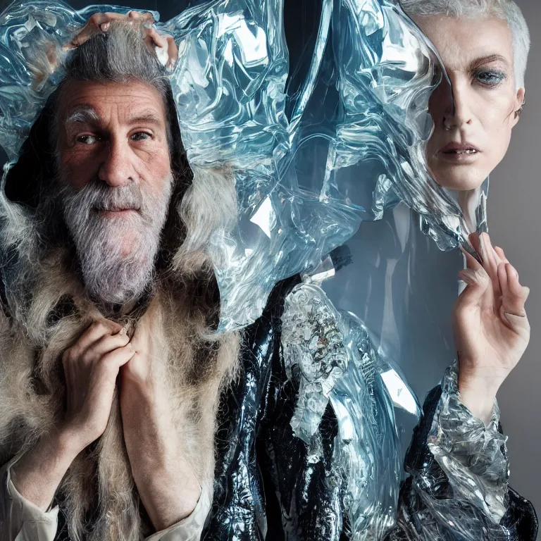 Image similar to high fashion photoshoot octane render portrait by wayne barlow and carlo crivelli and glenn fabry, a distinguished sci - fi futuristic wizard with a long white beard wearing a clear plastic iridescent jacket and holding a magical adorable critter while standing inside a futuristic beautiful boutique fantasy hotel lobby, very short depth of field, bokeh