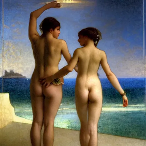 Image similar to Silhouette of two girls at the palace, thunderstorm, greek pool, beach and palm trees on the background major arcana sky, by paul delaroche, alphonse mucha and arnold böcklin arnold böcklin hyperrealistic 8k, very detailed