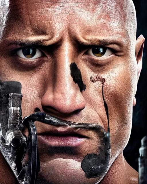 Prompt: film still close up shot of dwayne johnson as bane from the movie the dark knight rises. photographic, photography