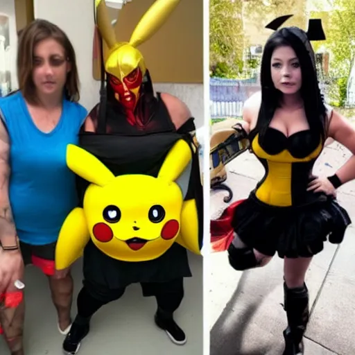 Prompt: woman dressed up as mortal kombat pikachu