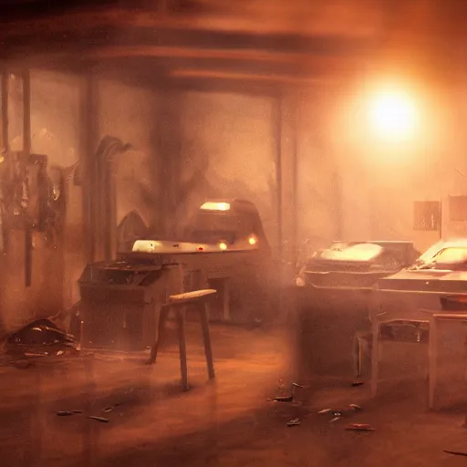 Image similar to original commodore 6 4, dark messy smoke - filled cluttered workshop, dark, dramatic lighting, orange tint, cinematic, highly detailed, sci - fi, futuristic, movie still