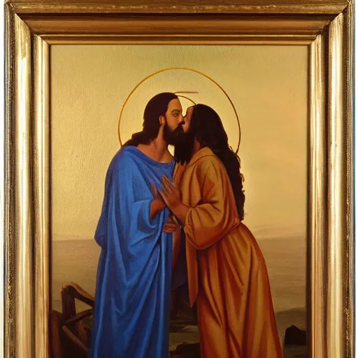 Image similar to 1 8 th oil panting of a jesus kissing a woman