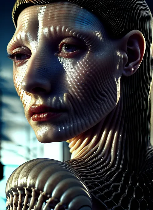 Image similar to 3 / 4 portrait, queen, crown, translucent skin, visible muscle and bones and veins and nerves, hyperrealism, detailed textures, photorealistic, 3 d cyberpunk apocalyptic city, futuristic clothing and helmet, ultra realistic, cinematic, intricate, cinematic light, unreal engine 8 k, octane render, unreal engine by david kostic and stanley lau and artgerm