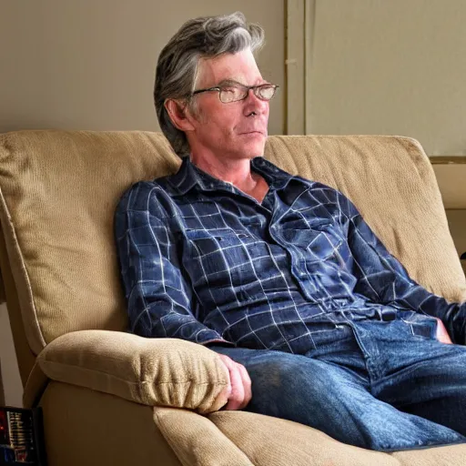 Prompt: a man sitting in a recliner reading the gunslinger by stephen king