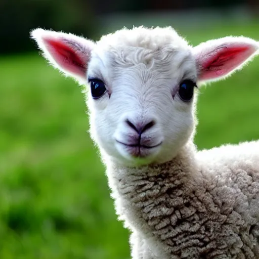 Prompt: baby lamb in a green field, photography,