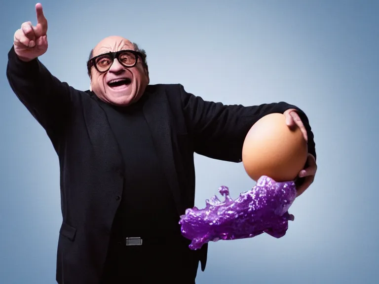 Image similar to danny devito as thanos holding up an egg, cinematic, anamorphic, dramatic, 4 0 mm f / 2. 8